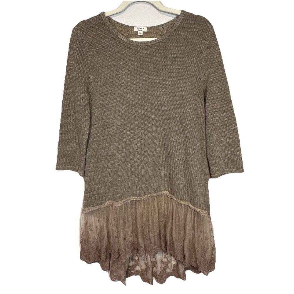 Dylan Tunic‎ Sweater Medium Taupe Brown Lace Trim High Low 3/4 Sleeve Boho Knit